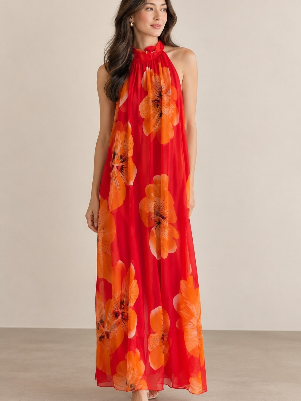 BNWT. Silk Halter Maxi Dress in Red. Made In Italy. Small.